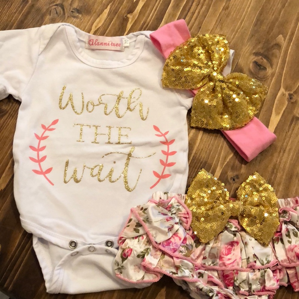 Worth the wait onesie with matching bow, bloomers
